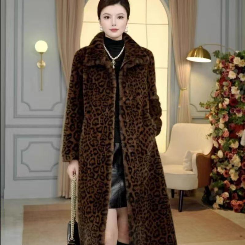Long leopard print winter fur integrated coat fluff new thickened knee imitation fur fashion warm