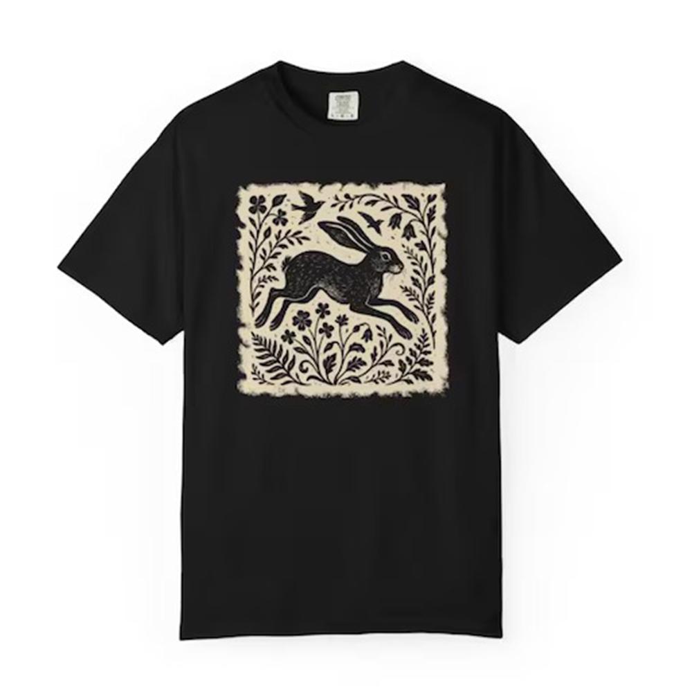 Vintage Wild Hare Linoprint Shirt Witchy Folk Art Forest Animal Naturecore Tee Dark Academia Unisex Y2K Casual Shirt Streetwear