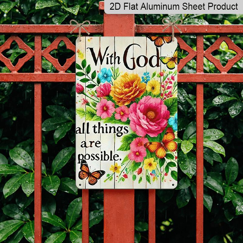 2D Flat 1pc Vintage Metal Wall Art Sign "with God All Things Are Possible" - Floral & Butterfly Bible Verse Decor, 12x8 Inch Rustic Farmhouse