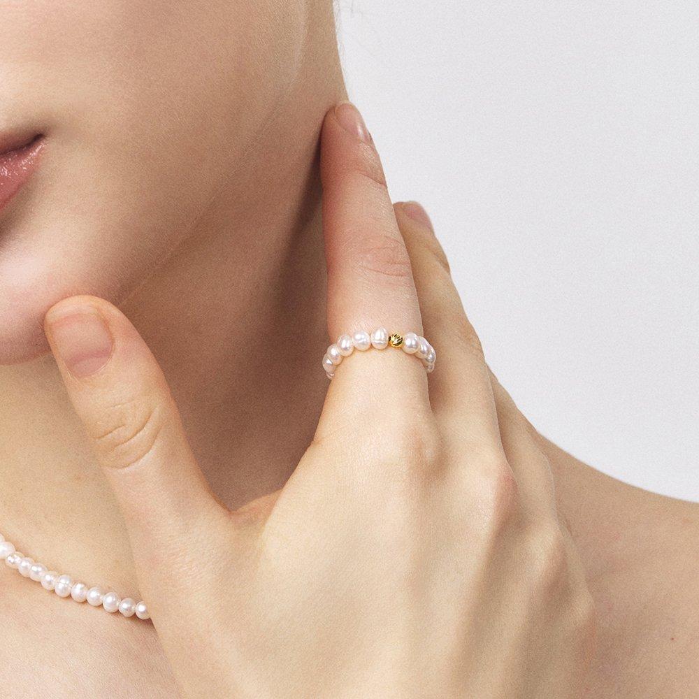 14K Carb Cut Ball Natural Pearl Ring