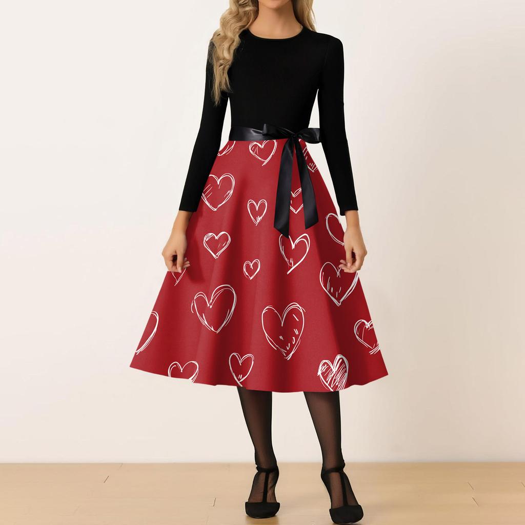 Women's Casual Fashion Round Neck Valentine's Day Printed Retro Dress