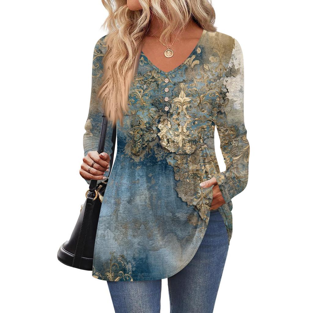 Women's Fashion Casual Long Sleeve Solid Color Shirt Women's V-Neck Tops