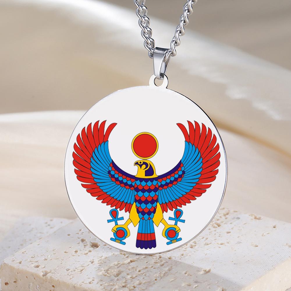 Dawapara Pharaonic Horus Necklace Winged Sun Disk Horus Falcon Necklace Ancient Egyptian Guardian Amulet Stainless Steel Jewelry