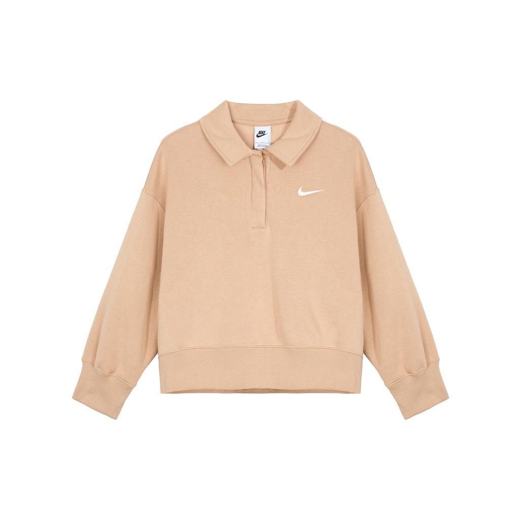 Nike Printed Logo Long Sleeve Polo Shirt Women Tops Nude DQ5869-200