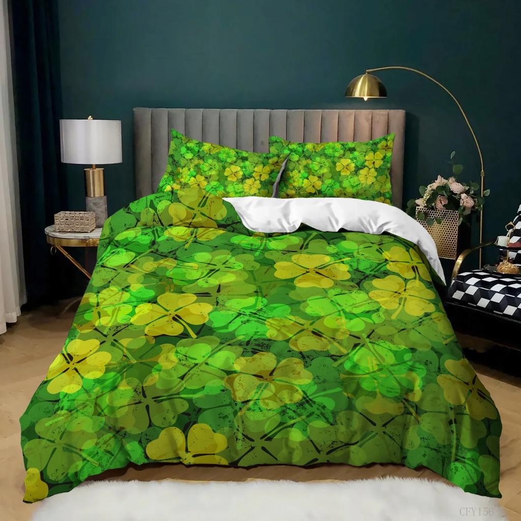 Lucky Green Leaves Four Leaf Shamrock Clover Comfortable Duvet Quilt Cover Pillowcase Bedding Set Children Bedroom Home Textile