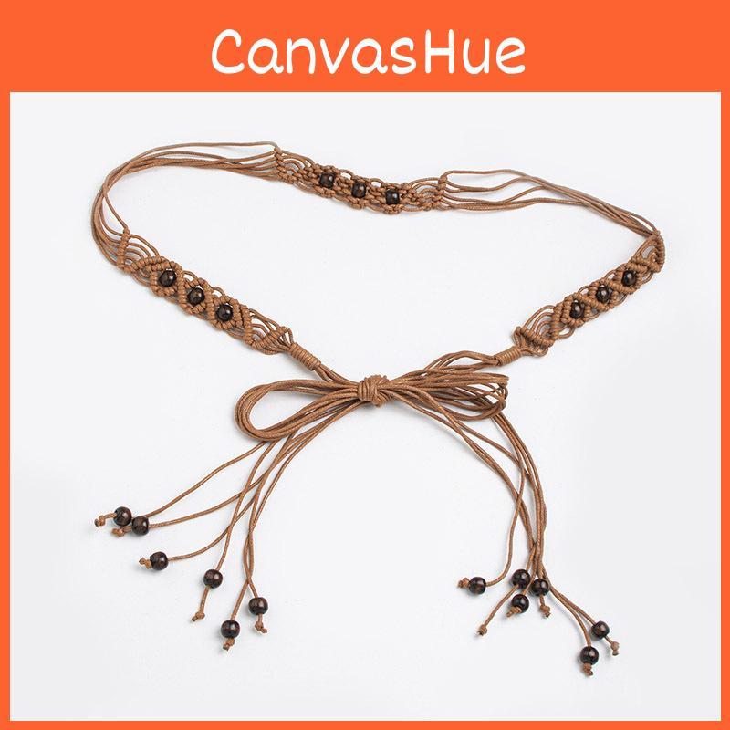 Bohemian Style Handwoven Cotton Rope Waist Belt With Wooden Beads For Beach Outfits And Festivals