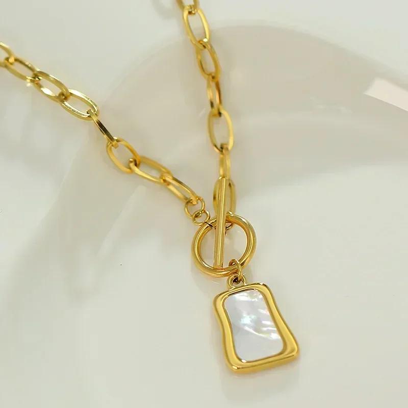 Geometric Trapezoidal Simulation Pearl Oyster Pendant Necklace for Women OT Buckle Chain Jewelry Gifts