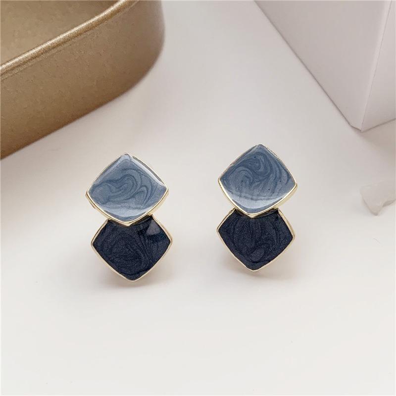 New Korean Fashion Enamel Double Square Drop Earrings Geometric Unique Blue Rhombus Hang Earrings For Women Trendy Jewelry Gifts