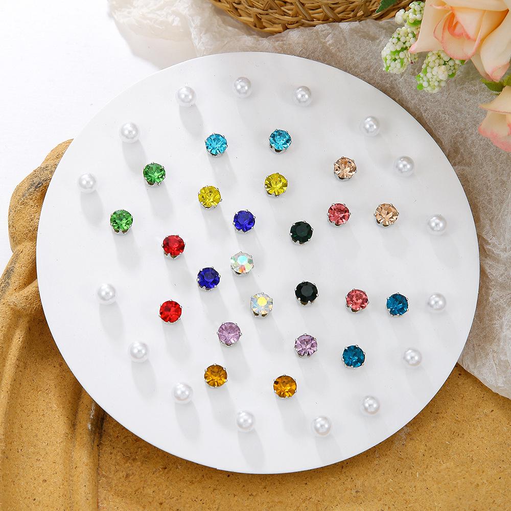 Korean version of small stud earrings colored rhinestone imitation pearl earrings simple 10 pairs combination set children's colored diamond stud