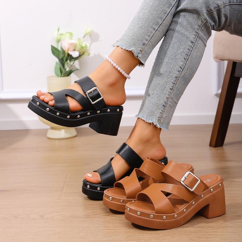 Summer New Versatile Fashion Non-Slip Slippers High Heel Block Heel Flip-Flop Heightening Sandals