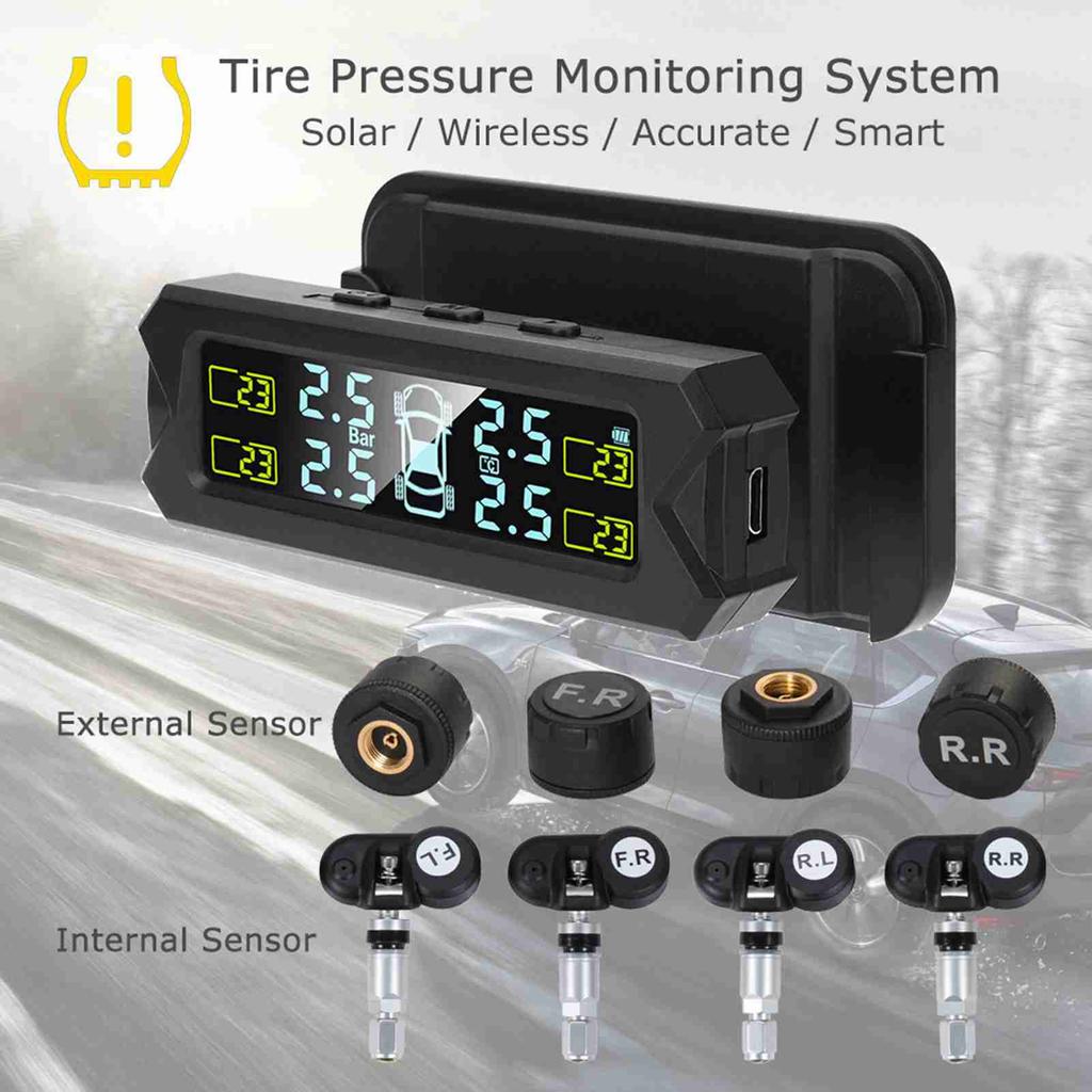 Solar-powered tire pressure monitoring system with automatic backlit LCD screen. (Automotive parts)
