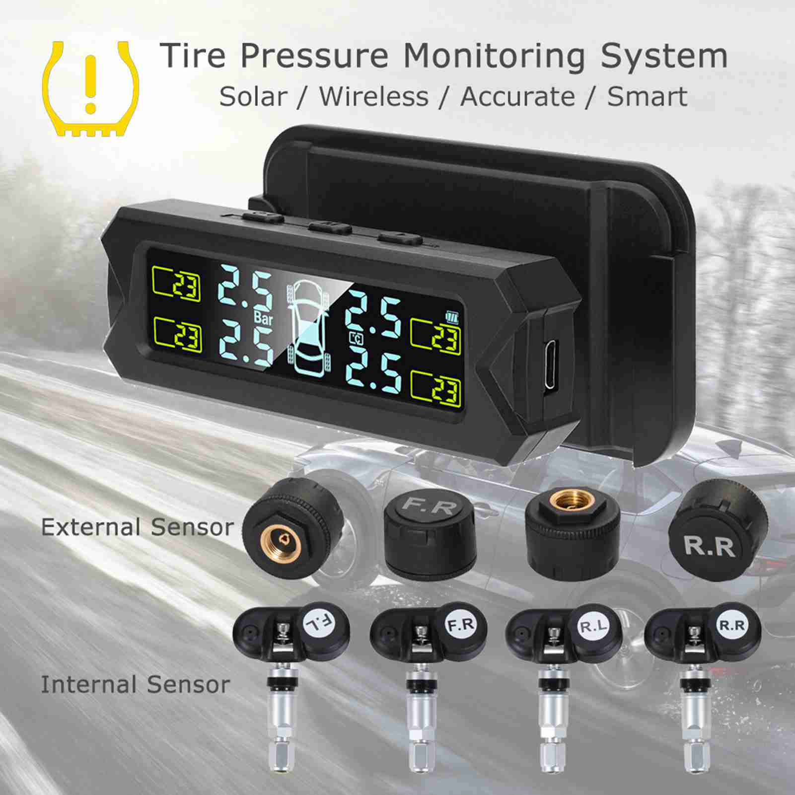 Tire Pressure Monitoring LCD Screen Auto Backlight Solar Powered Tire Pressure Monitoring System