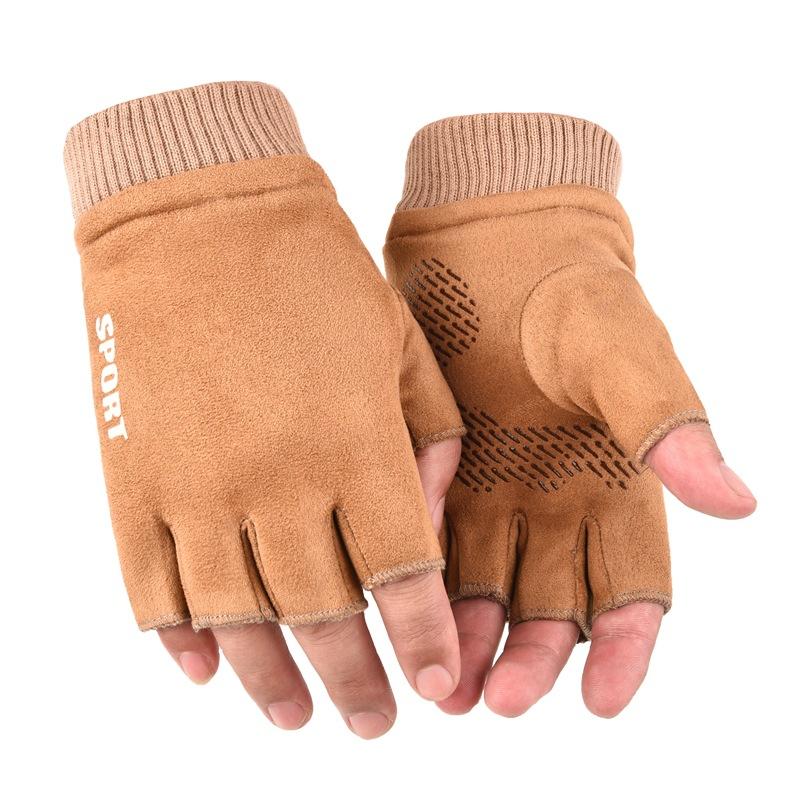 Suede Half-finger Gloves Men's and Women's Autumn and Winter Velvet Warm Non-slip Riding Driving Outdoor Sports Gloves