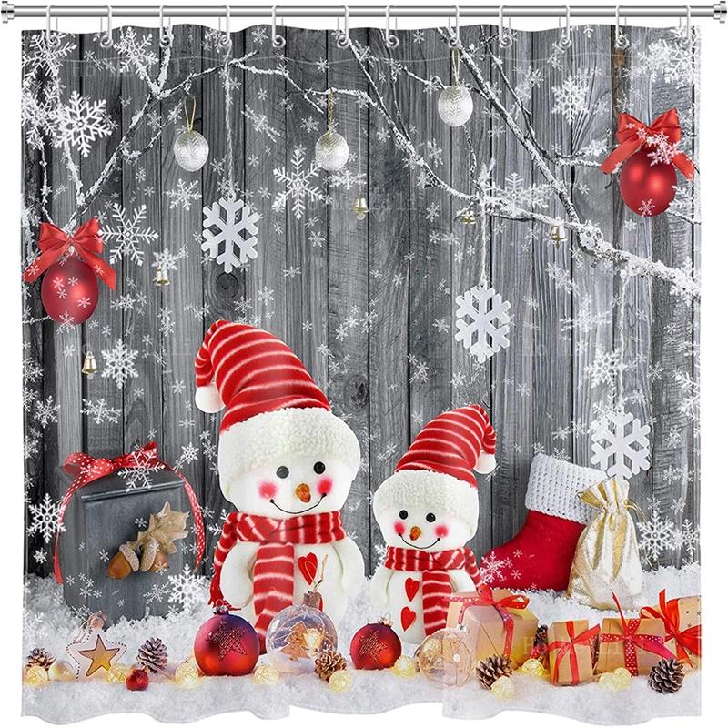 

Рождественский Снеговик Зимний Кардинал Снежинка Шарик на Дерево на Рустикальной Деревянной Доске Милый Праздничный Декор для Ванной Комнаты 90X180 cm