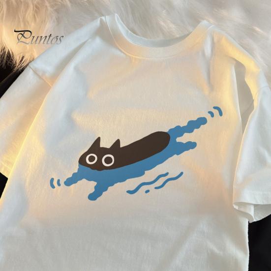 Par Casual T-skjorte Tegneserie Svart Katt Trykk T-skjorte Rund Hals Løs Sommer Topp for Menn Kvinner Hjem Gym Streetwear