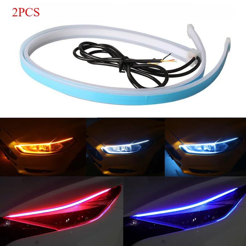 2Pcs 45 - 60cm Universal Car Headlight Waterproof RGB LED Strip DRL Turn Signal Yellow Brake Flow Lights