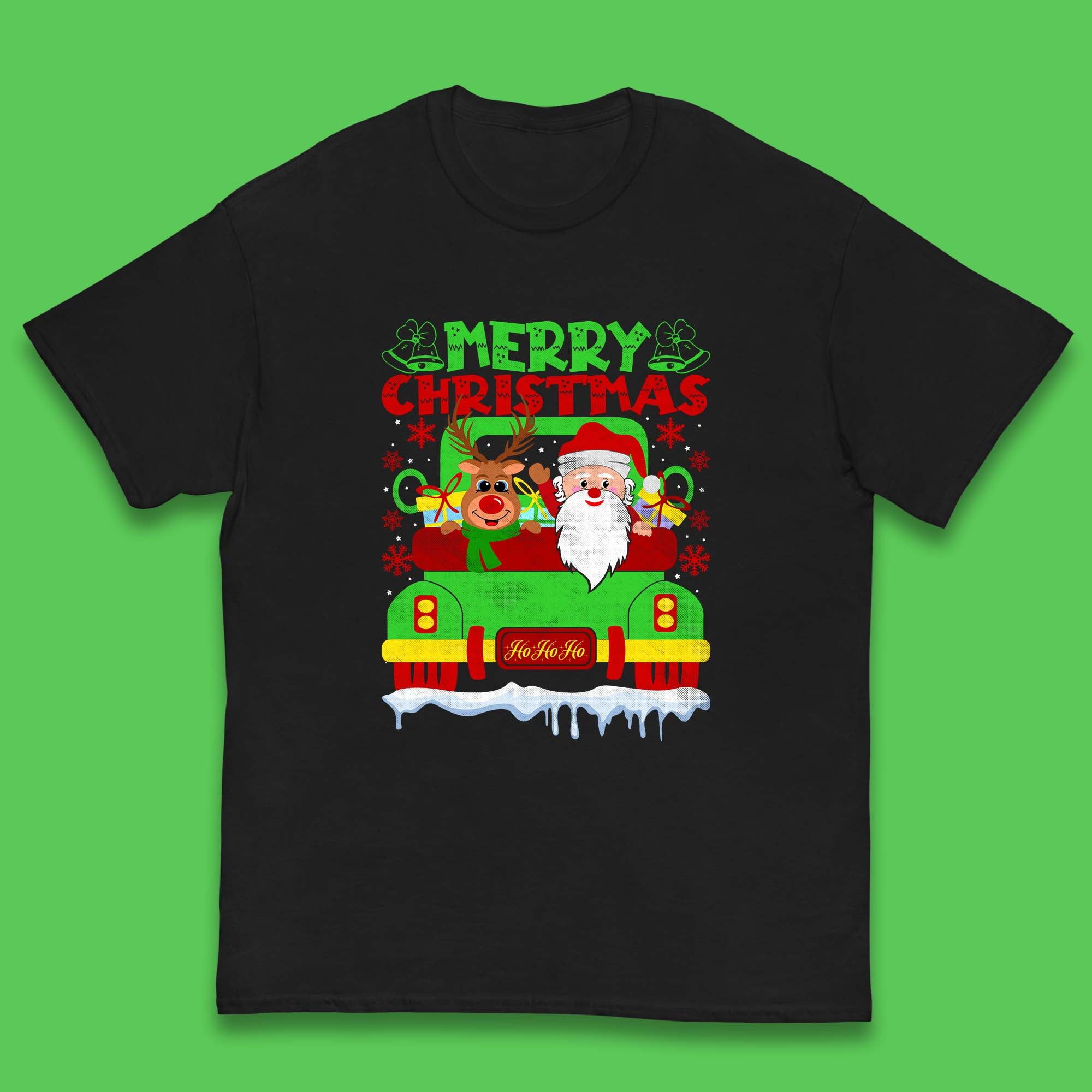 Merry Christmas Kids T Shirt Christmas Truck Santa Reindeer Top 150