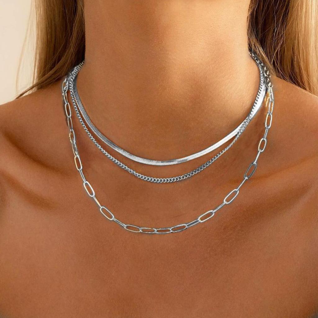 European and American Fashion Multi-Layer Metal Clavicle Necklace - Women's Simple Blade & Figaro Chain