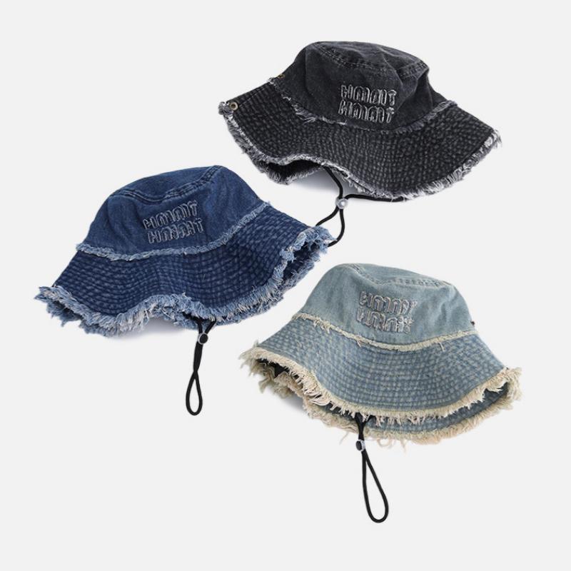 Nuovo Cappello da Sole Estivo in Denim con Nappe e Lettere per Donna, Primavera Estate, Protezione Solare per Escursioni, Panama da Spiaggia, Cappello a Secchiello a Tesa Larga per Uomo