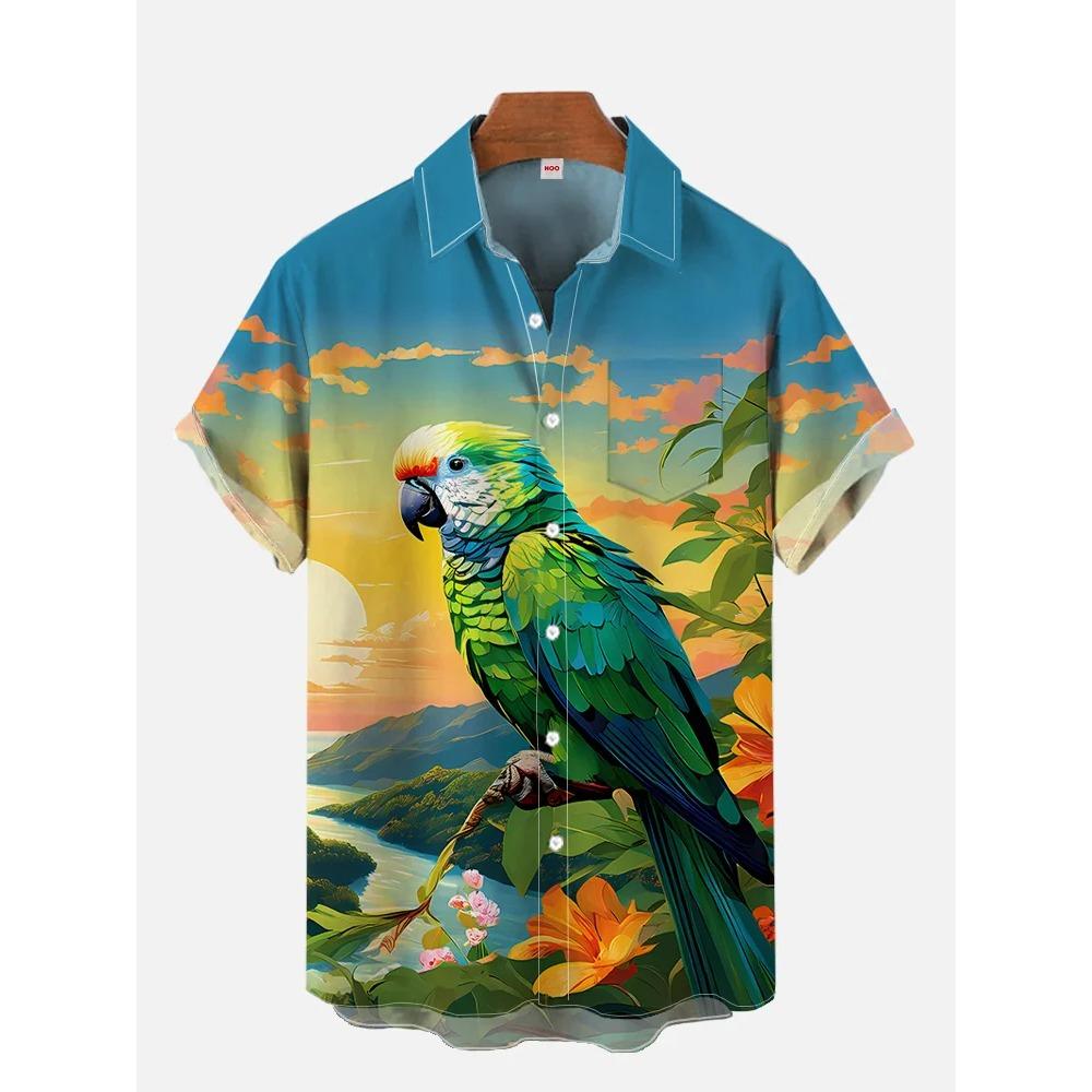 2025 New Men's Shirt 3d Fashion Casual Parrot Bird Print Hawaiian Lapel Button Shirt Short Sleeve Top Homme Harajuku Ropa Hombre