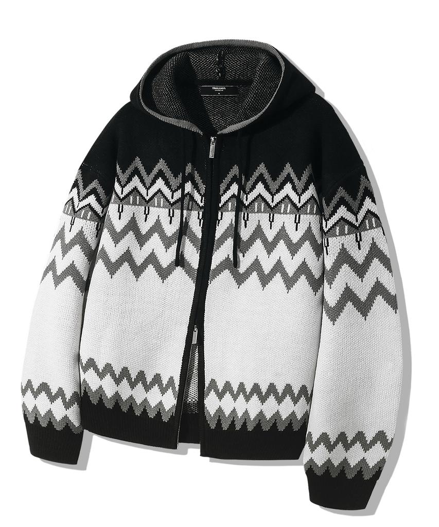 TRILLION Washable Nordic Jacquard 2-Way Hooded Zip-Up Knit [Black]