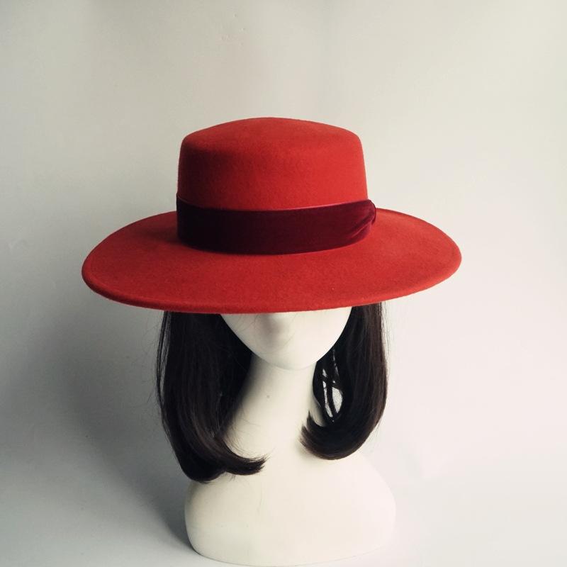 

Big Red Green Flat Top Top Hat Female Autumn And Winter Foreign Trade Trend British Retro Street Panama Woolen Felt M（56-58cm）