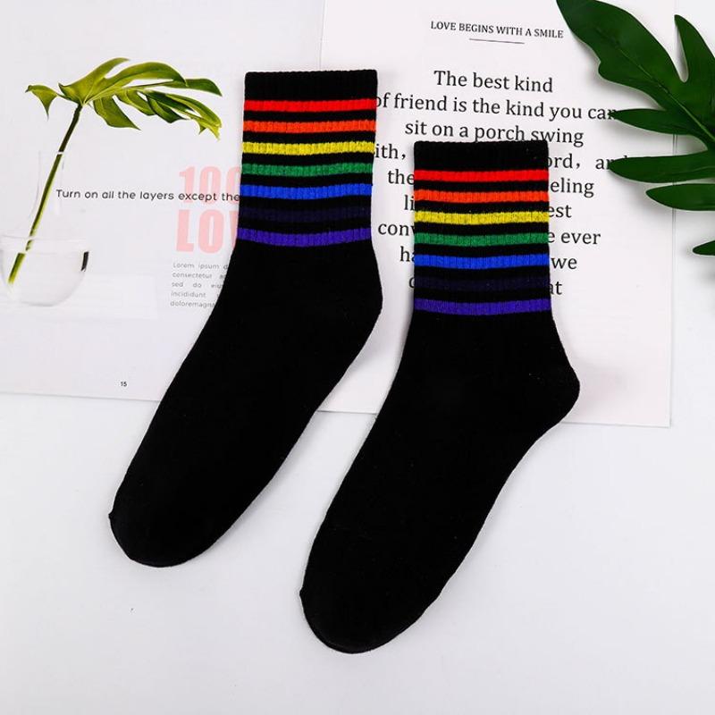 Ladies Spring Rainbow Thick Pinstripe Skateboard Mid Tube Socks