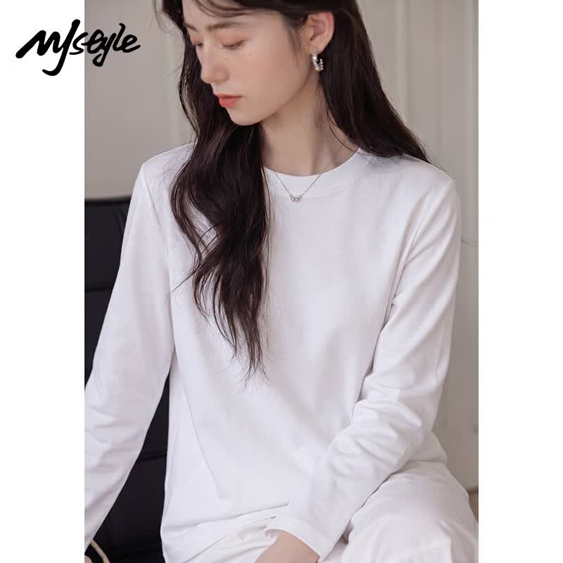 MJ STYLE Women's Loose-Fit Pure Cotton Long-Sleeve T-Shirt