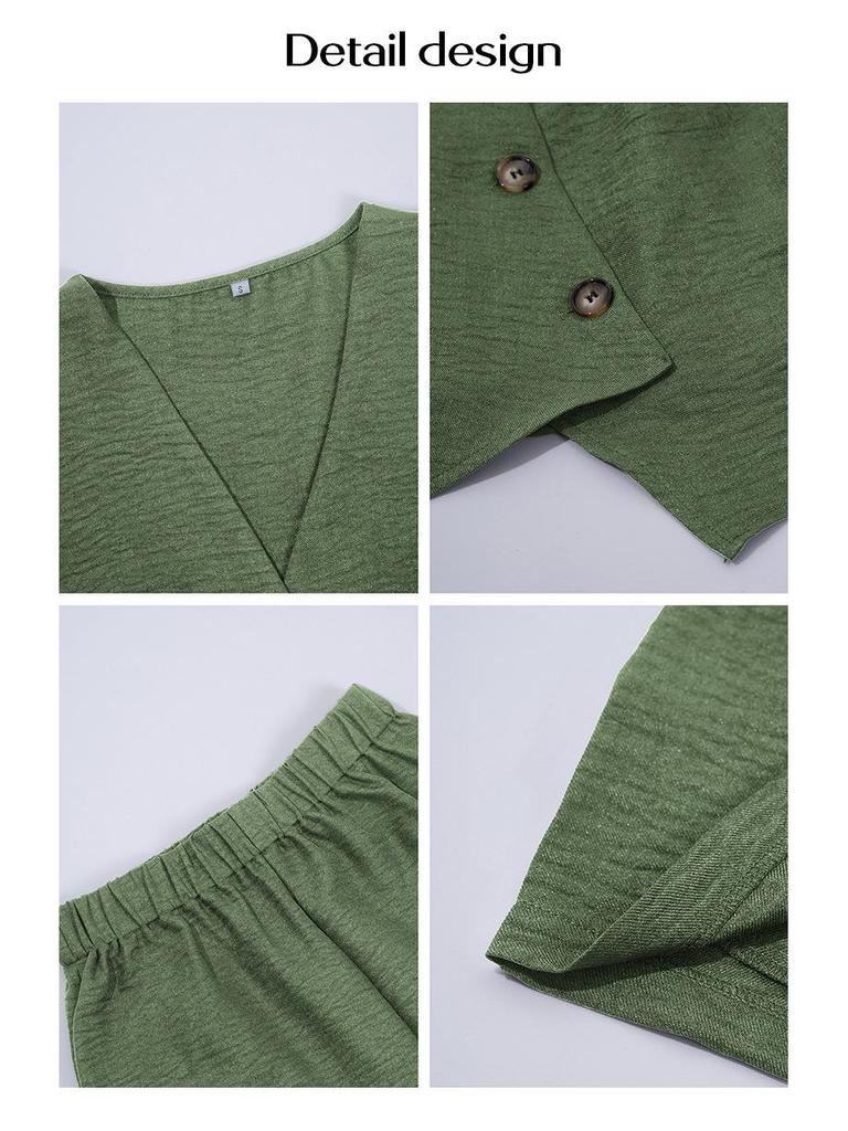 2025 Women's Spring/Summer European-American Casual Solid Color Button-Down Cardigan Vest & Shorts Set