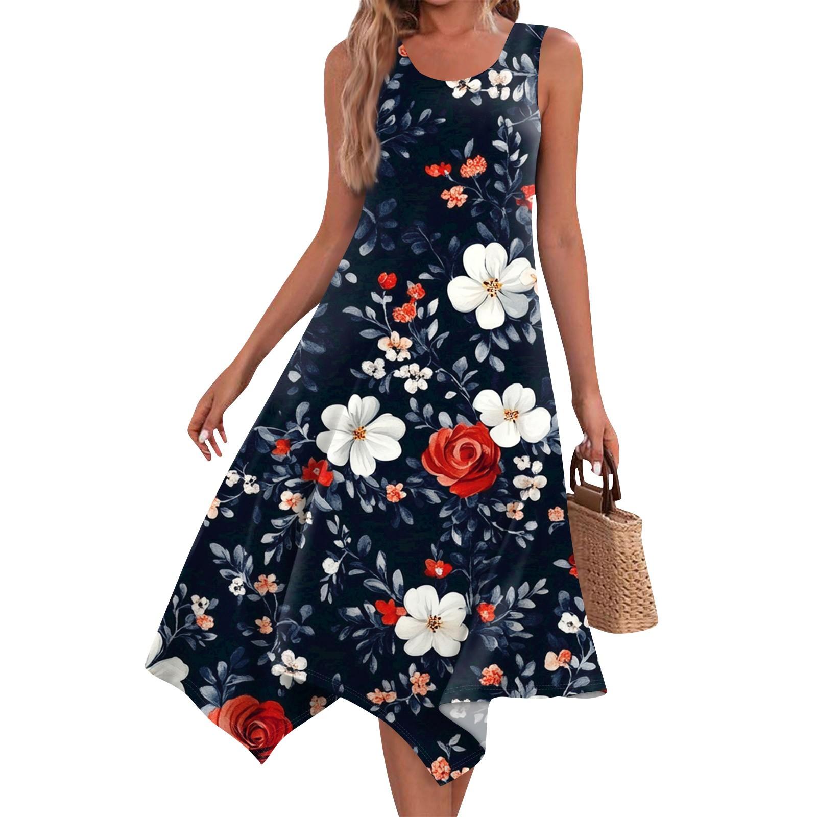 

Женское повседневное модное платье миди с круглым вырезом без рукавов и принтом, неровным подолом, платье миди с подолом XXL