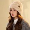 Small leather label dot knitted warm hat women's winter pullover ear protection cycling hat outdoor knitted straight hat