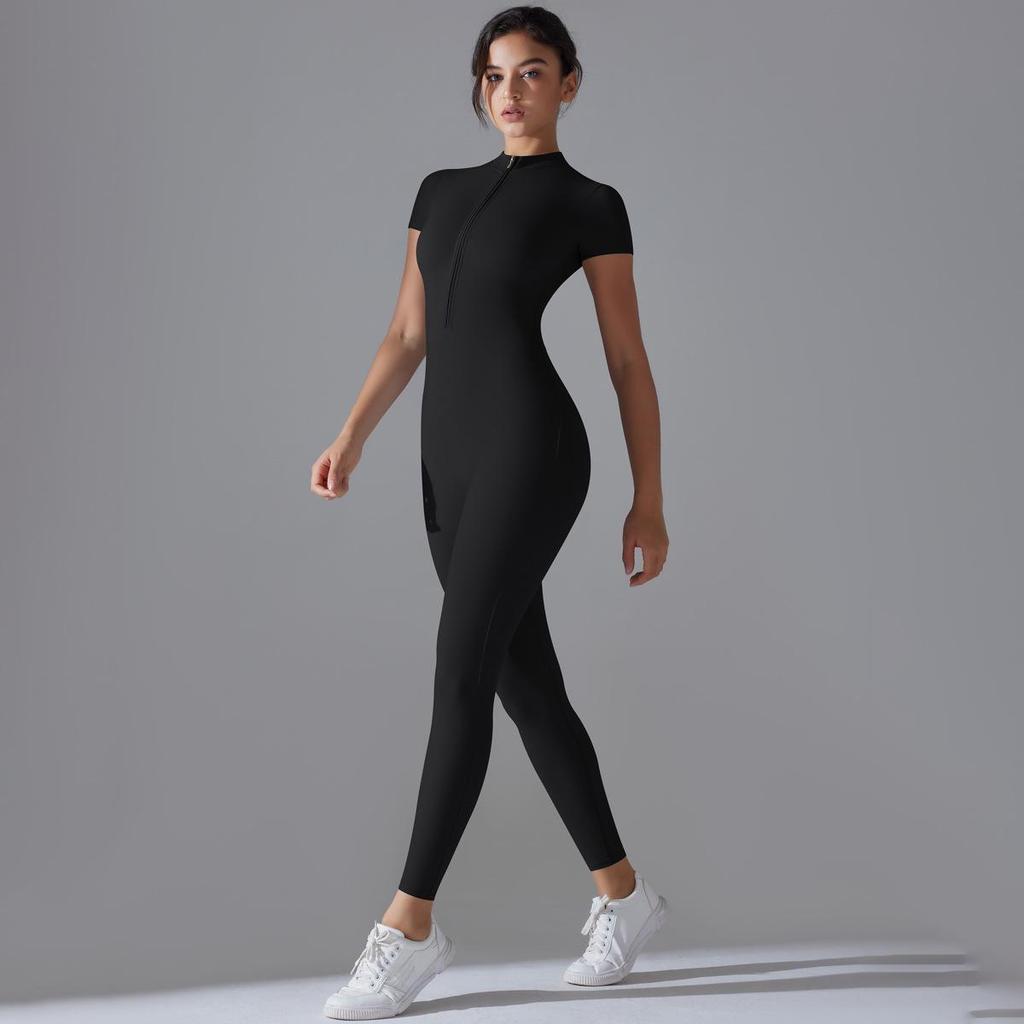 Solid Color High Elastic Half-Zip Short Sleeve Bodysuit for Sexy Fitness