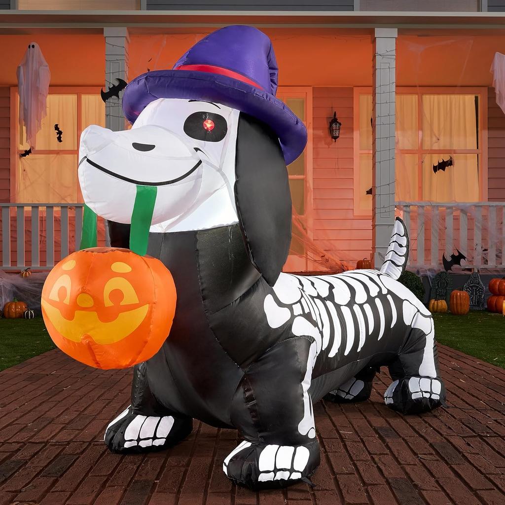 Joyfy 5 FT Pumpkin Skeleton Halloween Inflatables Light Up Wiener Dog Halloween Inflatables Outdoor Halloween Yard Decorations