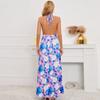 Casual Halter Sleeveless Sexy Dress Blue V-neck Lace-up Beach Dress Summer Flower Printed Long Slit Dress Women Clothing 25231