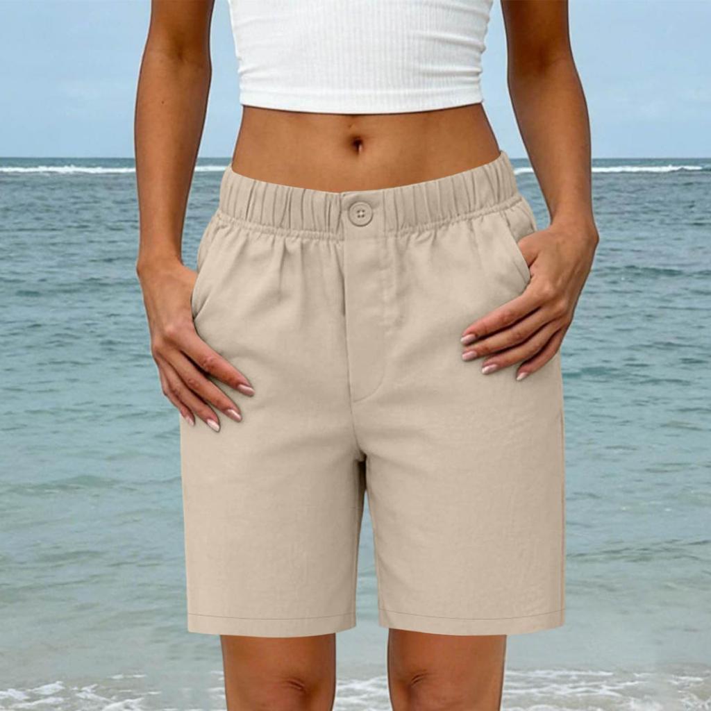 Women's Summer Fashion Elastic Waist Cotton Linen Five Quarter Pants Casual Loose Pocket Shorts