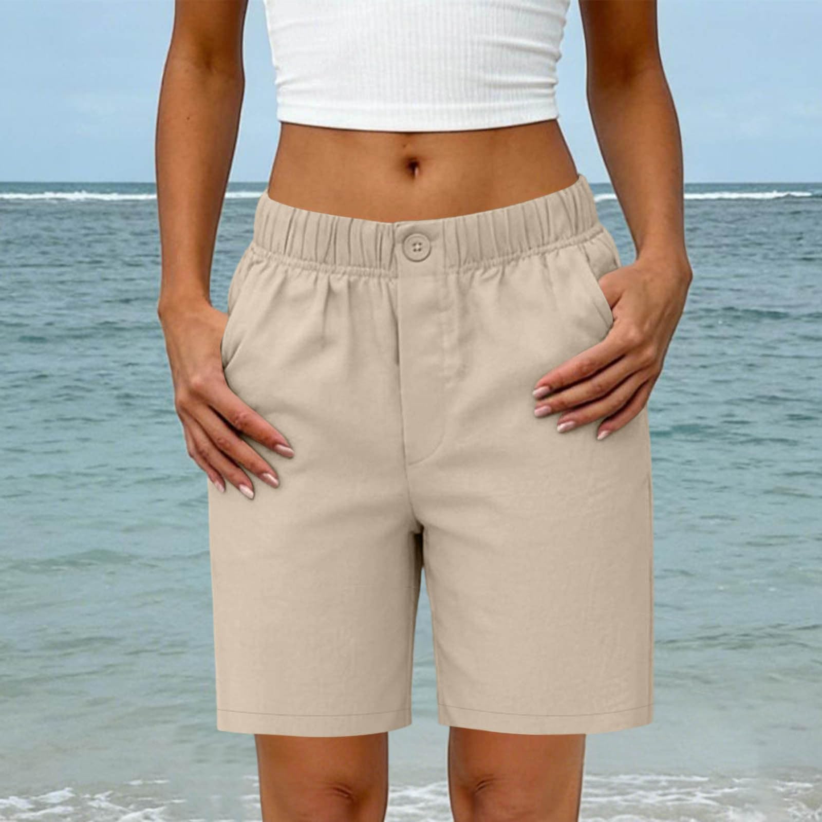 

Women Loose Fit Elastic Waist Casual Shorts with Pockets Straight Leg Design Comfortable Mid Rise Relaxed Style for Everyday Wear L