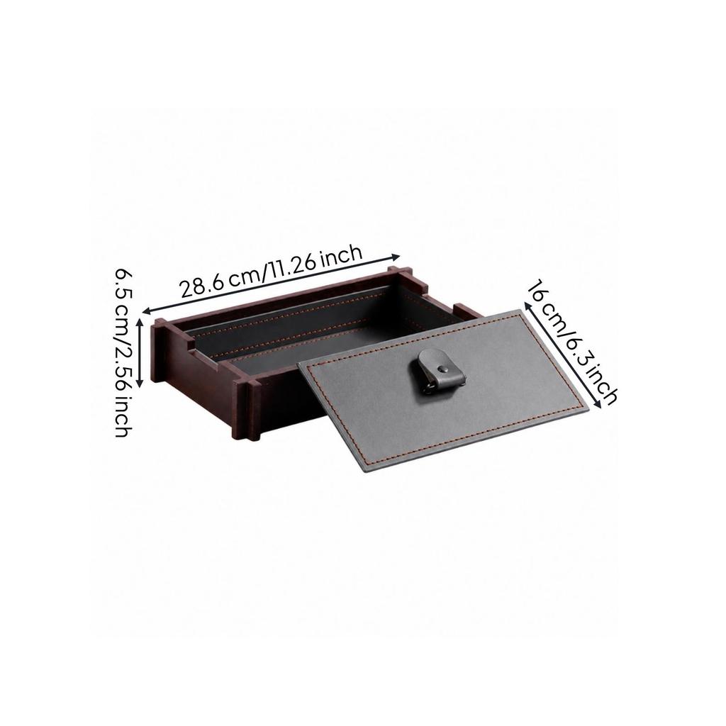 Wood Storage Box with Leather Panel Hand-Finished Tray Metal Handle