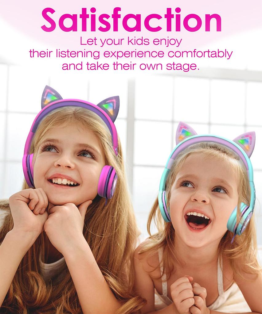 FosPower Headphones with LED Cat Audio Cable to Hot Kids' Light-Up Ears, 3.5mm Headphones, Tangle-Free (Up 85dB) - Pink/Purple