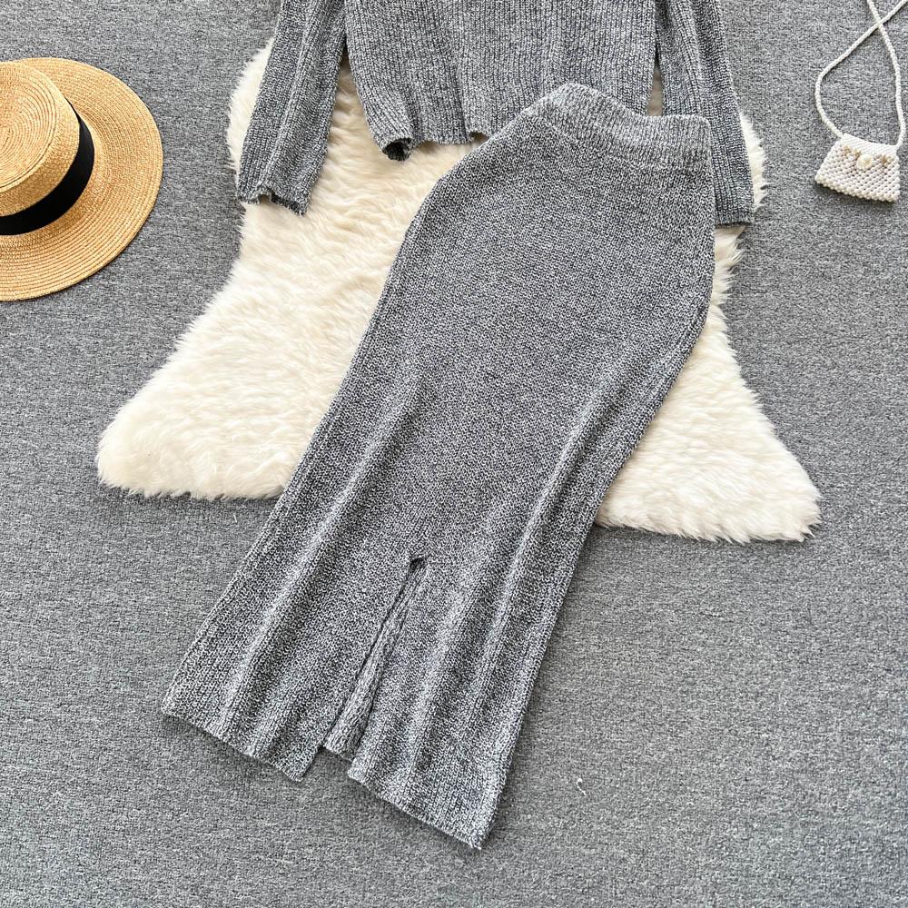 Autumn And Winter Loose V-Neck Knitted Sweater Vintage Pullover Sweater + Mid-Length Half-Body Skirt Two-Piece Set