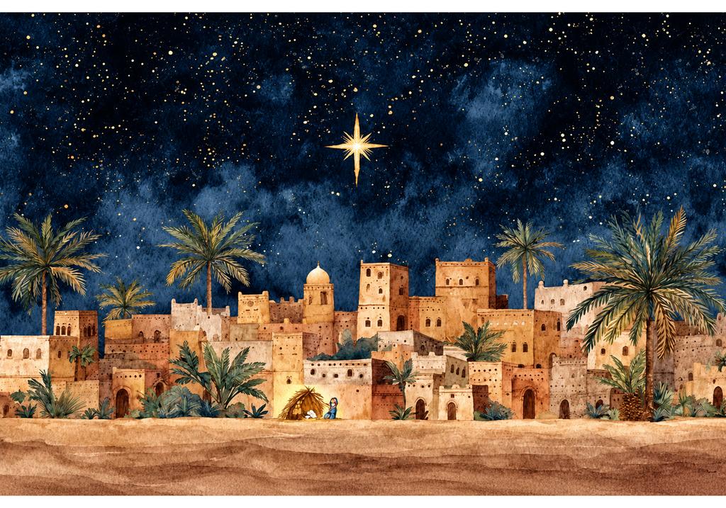 Geburt Christi Weihnachtskulisse Bethlehem Nachtstern Wüsten Dorf Palmen Religiöser Feiertag Fotografie Hintergrund Party Dekoration