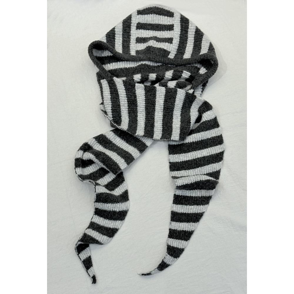 Wool retro striped hat, scarf integrated warm ear protection knitted balaclava scarf wool hat