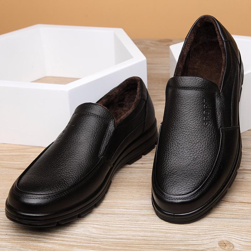 2025 Winter Genuine Leather Shoes Mens Brogues Warm Plush Brand Male Footwear Pure Black
