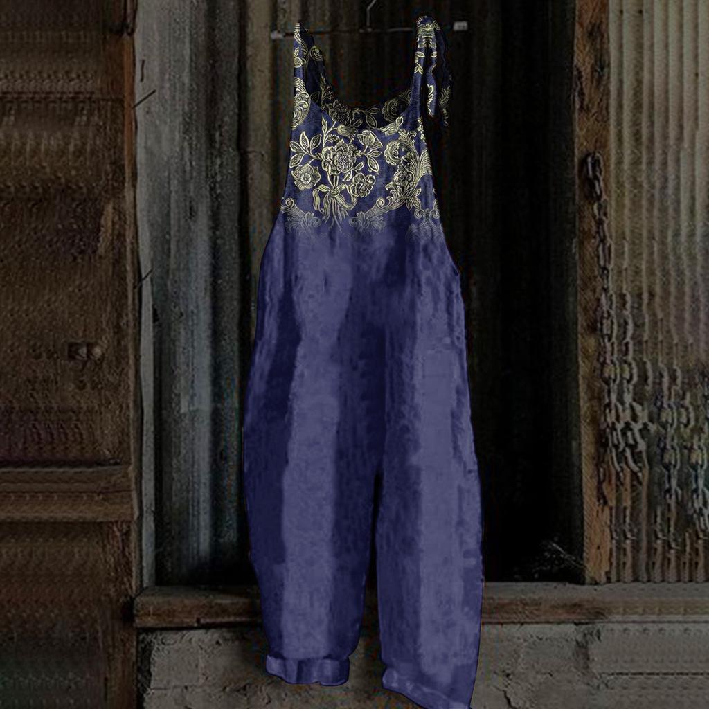 Kombinezon damski z nadrukiem, luźny, w stylu vintage, na ramiączkach, z bawełny i lnu