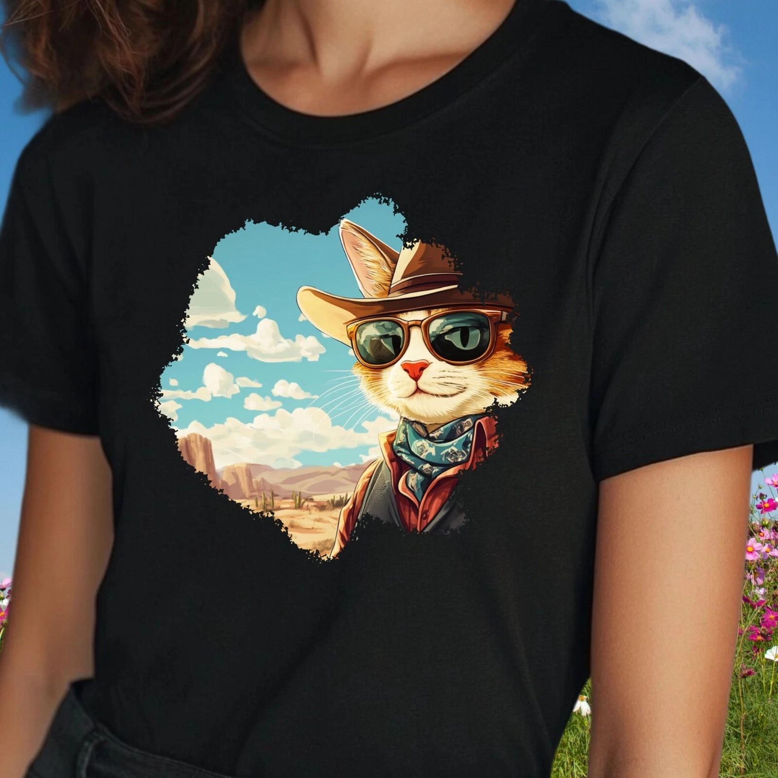 T-Shirt Herren Cowboy Katze Cartoon Motiv Baumwolle Größe S bis 5XL M