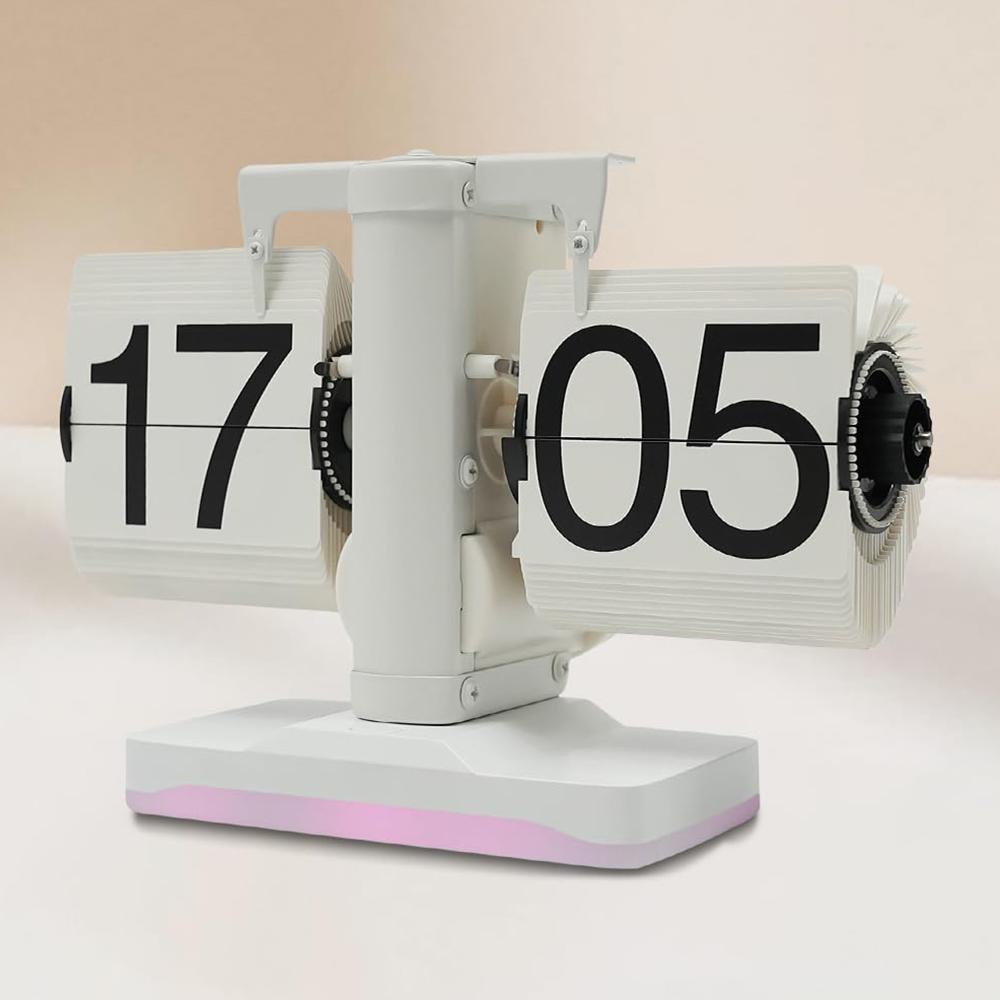 

Automatic Flip Clock Retro Simple Home Table Clock Single Foot Stainless Steel Quartz Movement Flip Clock with Night Light White