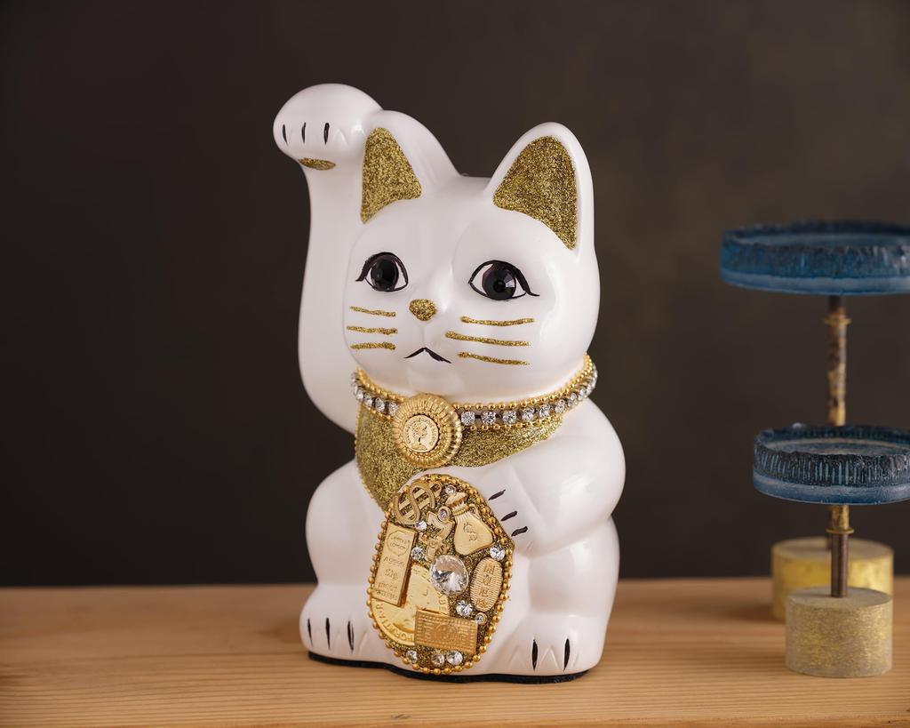 Lucky Cat Millionaire Cat Right Paw Raised Ceramic Lucky Cat Auspicious Feng Shui Ornament (M-SIZE White) / _ Maneki-neko (ml_M White)