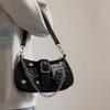 Y2K Millennial Star Denim Underarm Bag with Button Decor, Trendy Embroidered Canvas Tote