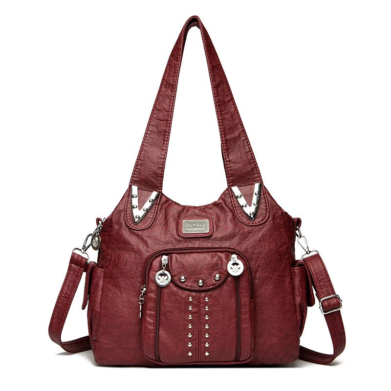

Vintage Rivet Soft Leather Tote Bag for Women Large Capacity Multi-Pocket Shoulder Bag Vintage Soft Leather Bags for Daily Use Shopping Commuting 33cm 28cm 12cm темно-червоний колір