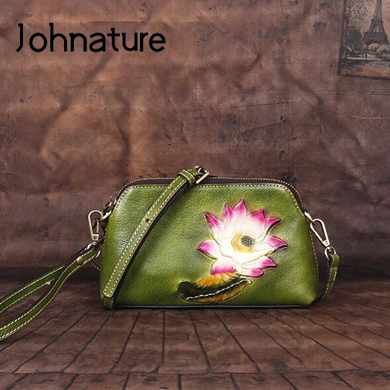 Johnature Retro reliéfní pravá kůže Malá dámská kabelka Volný čas Hovězí taška do ruky Květinová dámská mini kabelky přes rameno