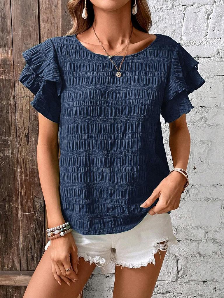 Women's Summer Double-layer Ruffled Sleeve Round Neck Pullover T-shirt